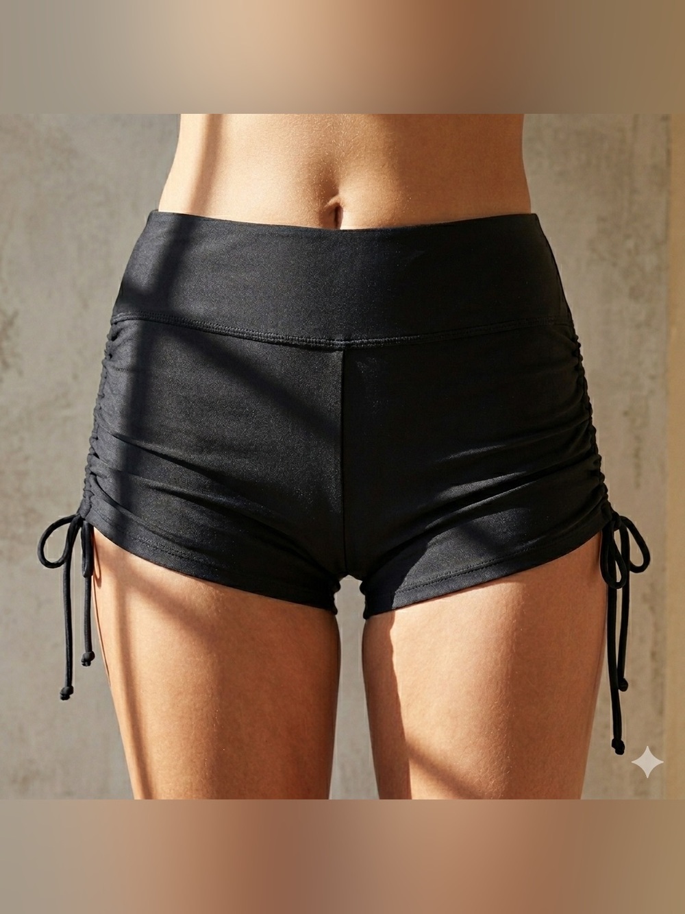 Summer Mae Black Ruched Side Swim Shorts Adjustable Drawstring Swim Bottoms Sz M
